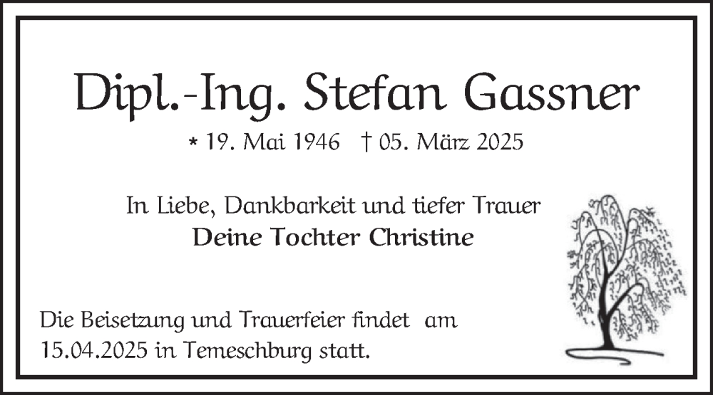  Traueranzeige für Stefan Gassner vom 07.04.2025 aus Mannheimer Morgen