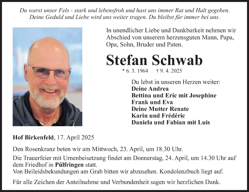  Traueranzeige für Stefan Schwab vom 17.04.2025 aus Fränkische Nachrichten
