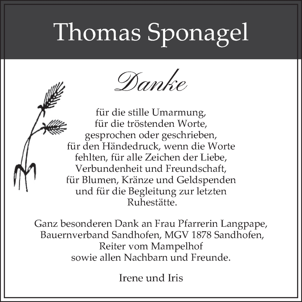  Traueranzeige für Thomas Sponagel vom 05.04.2025 aus Mannheimer Morgen