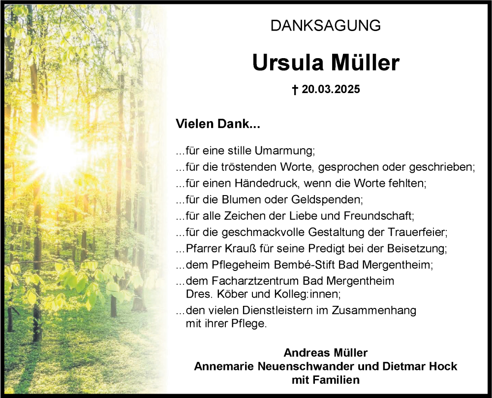  Traueranzeige für Ursula Müller vom 12.04.2025 aus Fränkische Nachrichten
