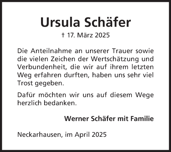 Traueranzeige von Ursula Schäfer von Mannheimer Morgen