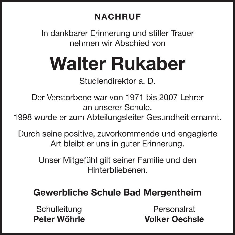  Traueranzeige für Walter Rukaber vom 30.04.2025 aus Fränkische Nachrichten