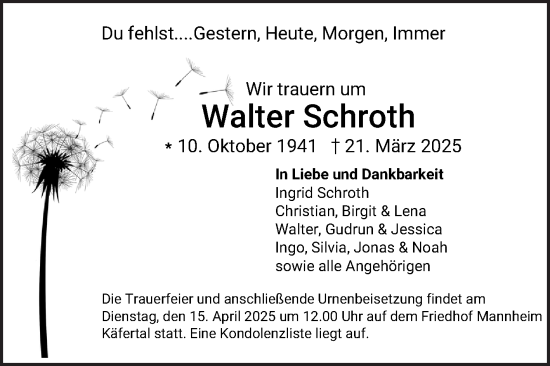 Traueranzeige von Walter Schroth von Mannheimer Morgen