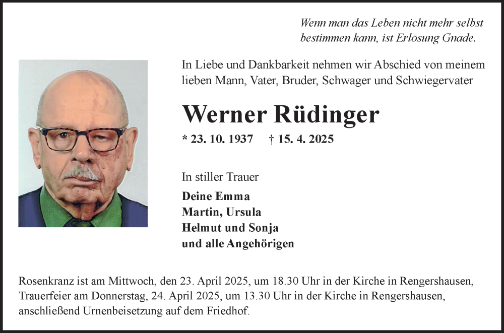  Traueranzeige für Werner Rüdinger vom 22.04.2025 aus Fränkische Nachrichten