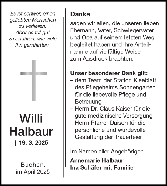 Traueranzeige von Willi Halbaur von Fränkische Nachrichten