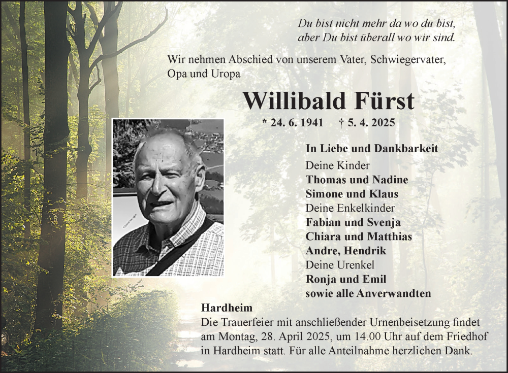  Traueranzeige für Willibald Fürst vom 23.04.2025 aus Fränkische Nachrichten