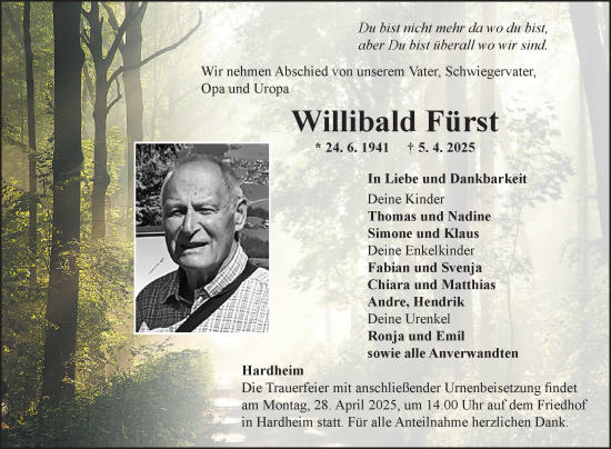 Traueranzeige von Willibald Fürst von Fränkische Nachrichten