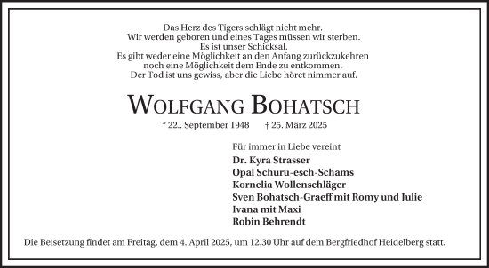 Traueranzeige von Wolfgang Bohatsch von Mannheimer Morgen