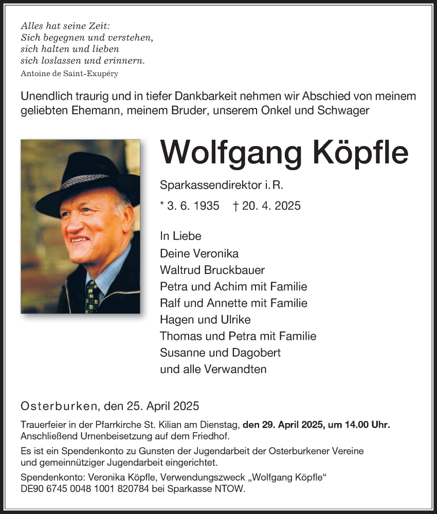  Traueranzeige für Wolfgang Köpfle vom 25.04.2025 aus Fränkische Nachrichten