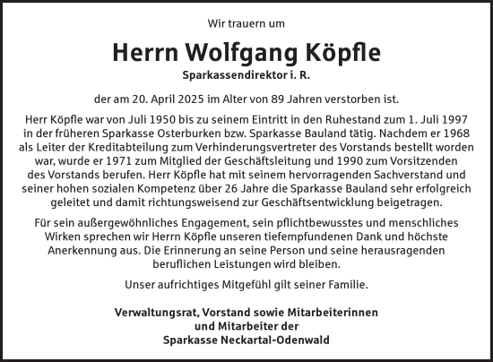 Traueranzeige von Wolfgang Köpfle von Fränkische Nachrichten