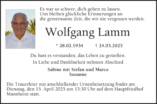 Traueranzeige von Wolfgang Lamm von Mannheimer Morgen