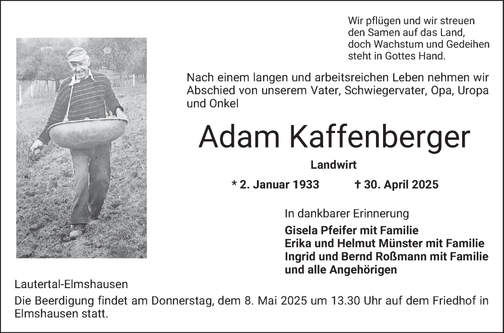  Traueranzeige für Adam Kaffenberger vom 06.05.2025 aus Bergsträßer Anzeiger