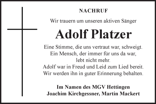 Traueranzeige von Adolf Platzer von Fränkische Nachrichten