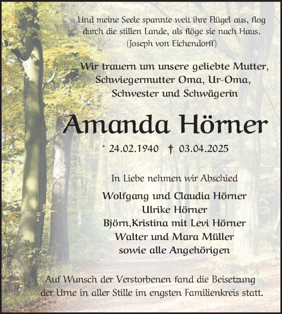 Traueranzeige von Amanda Hörner von Mannheimer Morgen