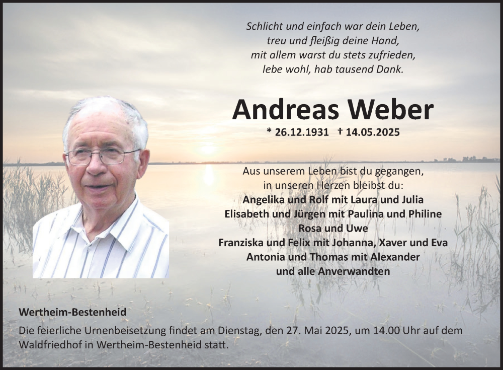  Traueranzeige für Andreas Weber vom 24.05.2025 aus Fränkische Nachrichten