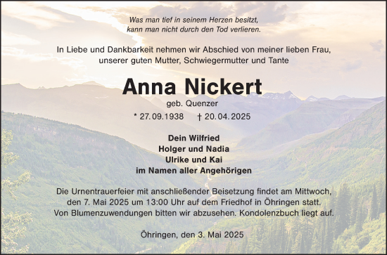Traueranzeige von Anna Nickert von Fränkische Nachrichten