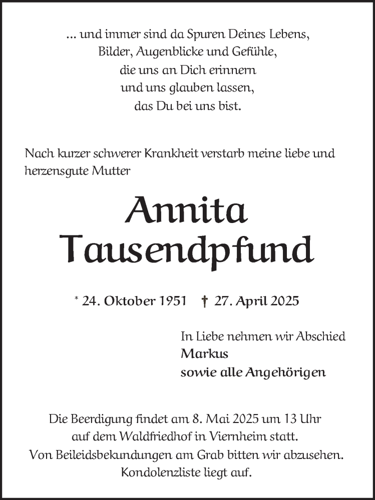  Traueranzeige für Annita Tausendpfund vom 03.05.2025 aus Mannheimer Morgen