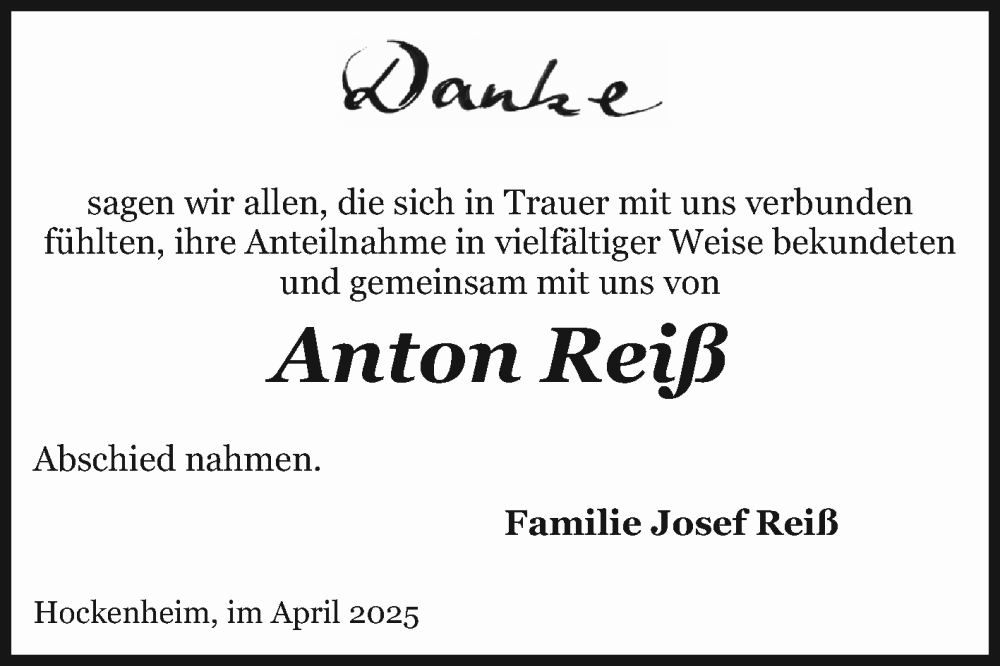  Traueranzeige für Anton Reiß vom 19.04.2025 aus Schwetzinger Zeitung