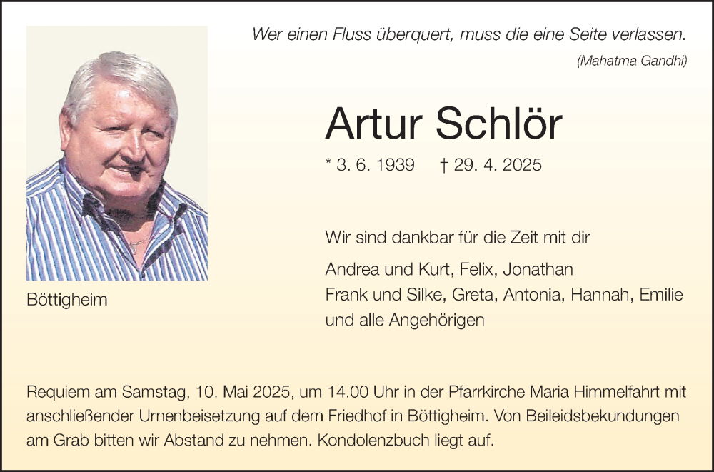  Traueranzeige für Artur Schlör vom 08.05.2025 aus Fränkische Nachrichten