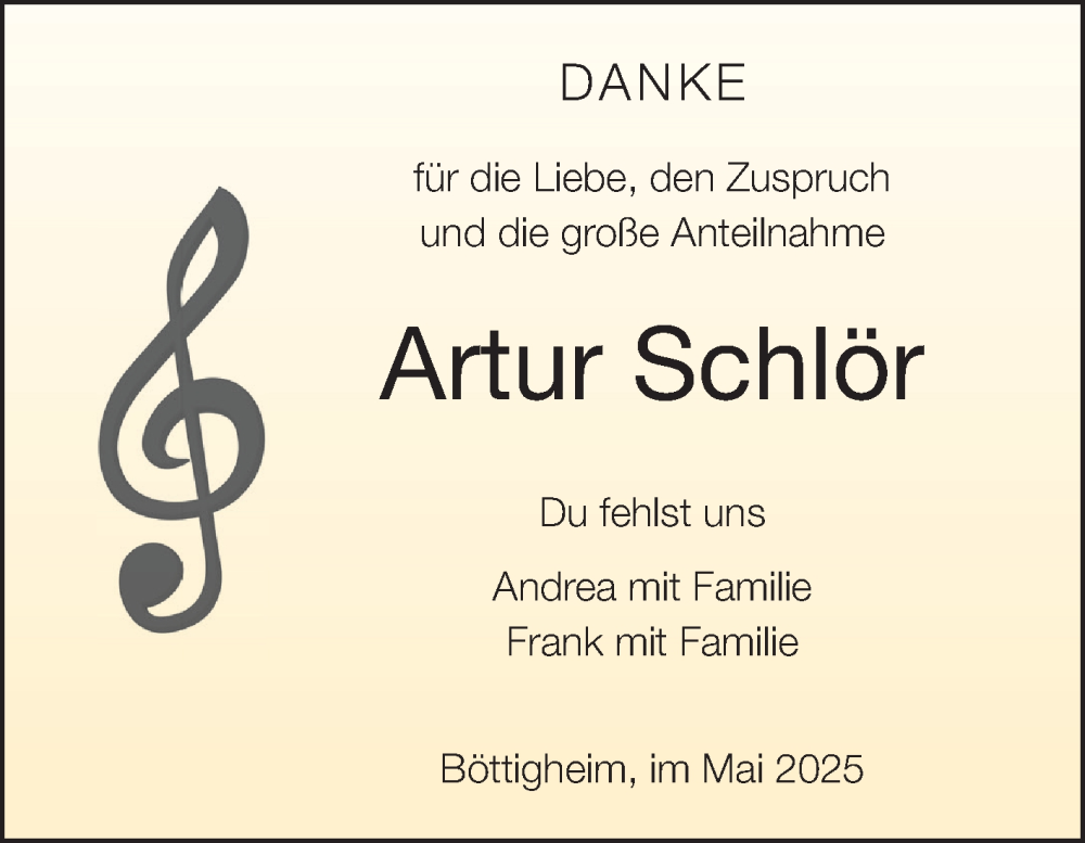  Traueranzeige für Artur Schlör vom 17.05.2025 aus Fränkische Nachrichten