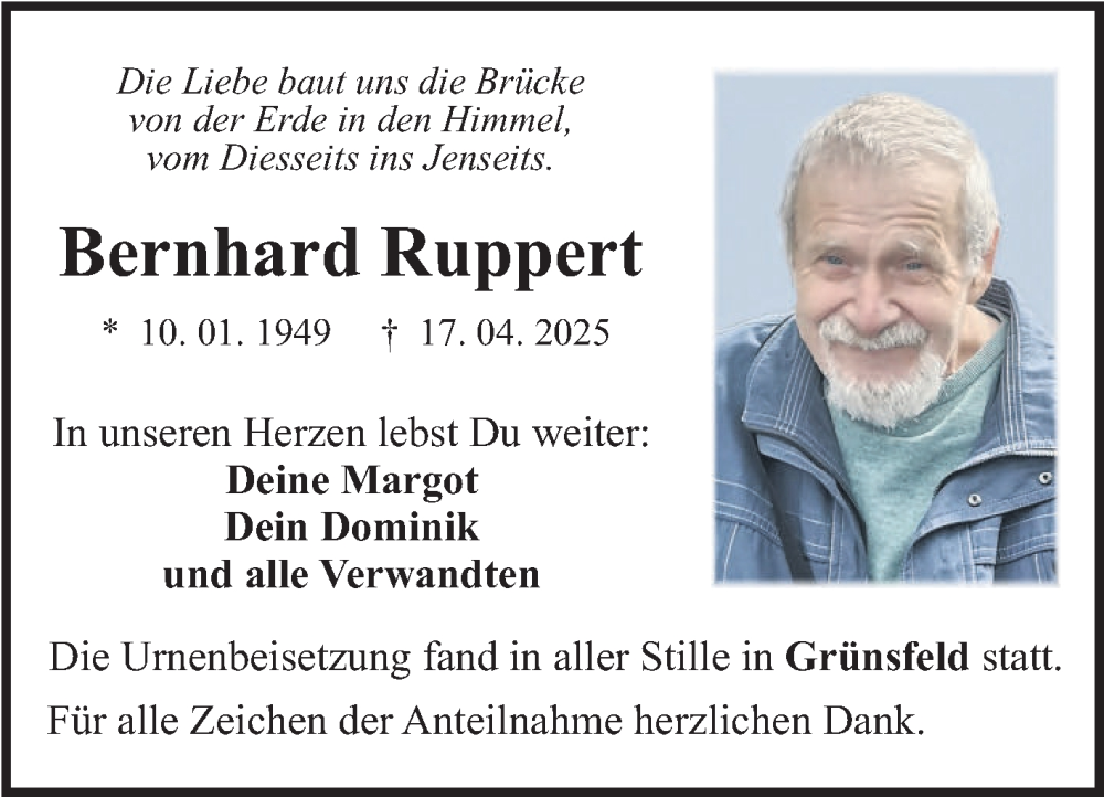  Traueranzeige für Bernhard Ruppert vom 31.05.2025 aus Fränkische Nachrichten