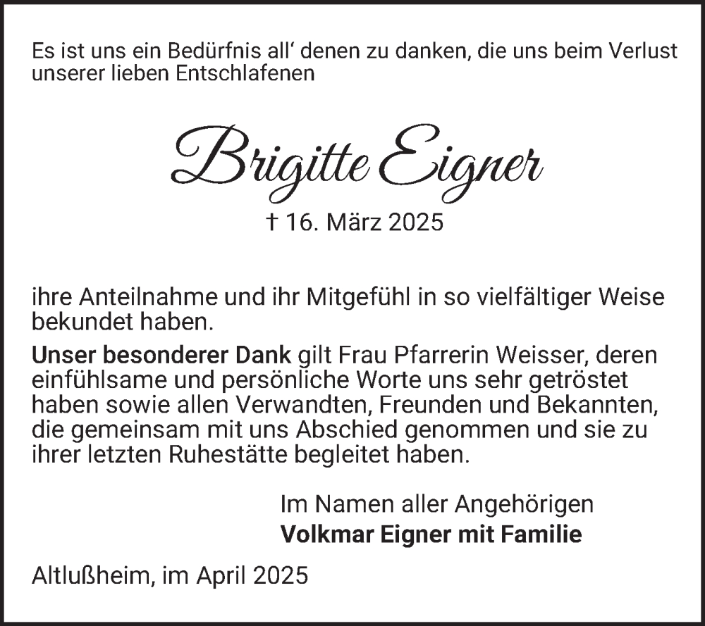  Traueranzeige für Brigitte Eigner vom 19.04.2025 aus Schwetzinger Zeitung