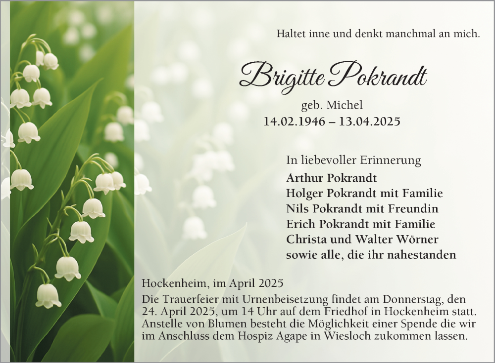  Traueranzeige für Brigitte Pokrandt vom 19.04.2025 aus Schwetzinger Zeitung