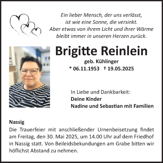 Traueranzeige von Brigitte Reinlein von Fränkische Nachrichten