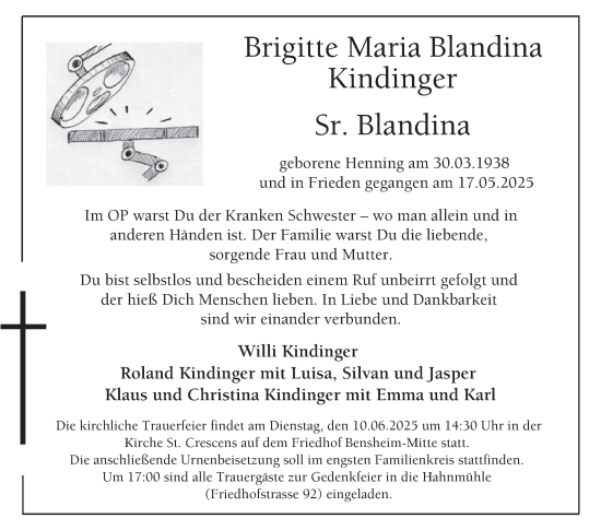 Traueranzeige von Brigitte Maria Blandina Kindinger von Bergsträßer Anzeiger