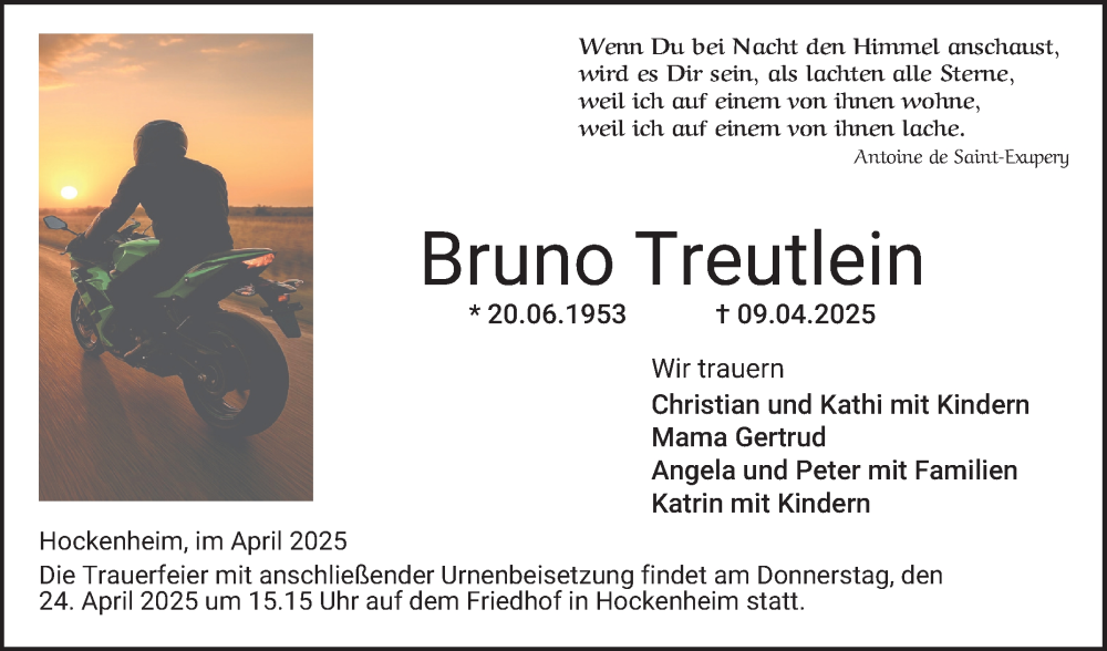  Traueranzeige für Bruno Treutlein vom 19.04.2025 aus Schwetzinger Zeitung
