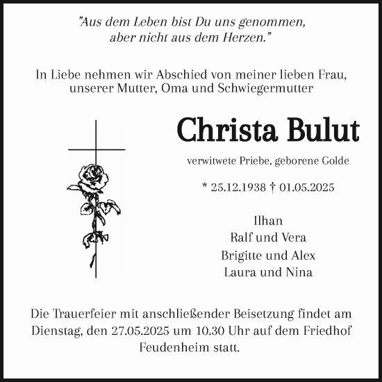 Traueranzeige von Christa Bulut von Mannheimer Morgen