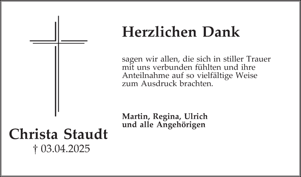  Traueranzeige für Christa Staudt vom 03.05.2025 aus Schwetzinger Zeitung