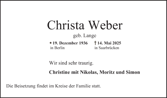 Traueranzeige von Christa Weber von Mannheimer Morgen