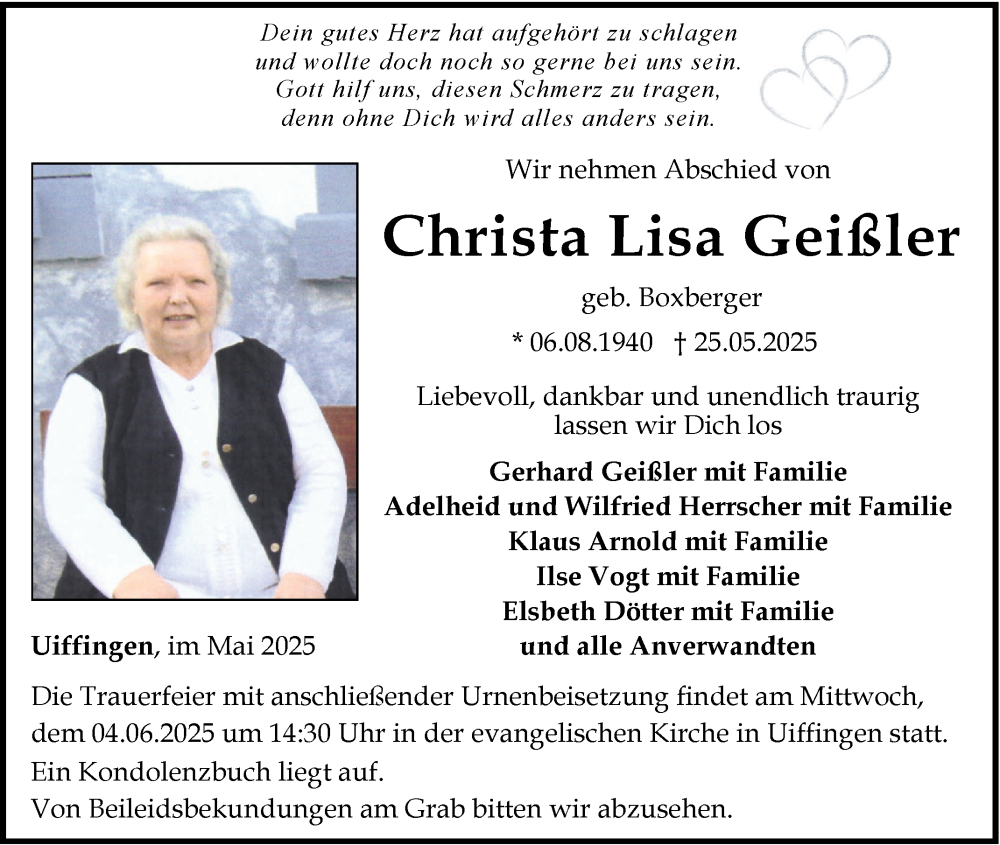  Traueranzeige für Christa Lisa Geißler vom 31.05.2025 aus Fränkische Nachrichten