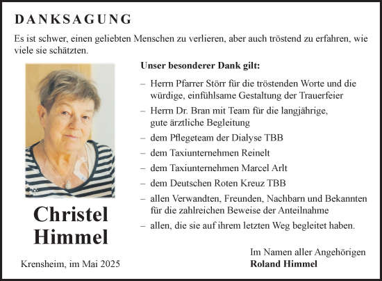Traueranzeige von Christel Himmel von Fränkische Nachrichten