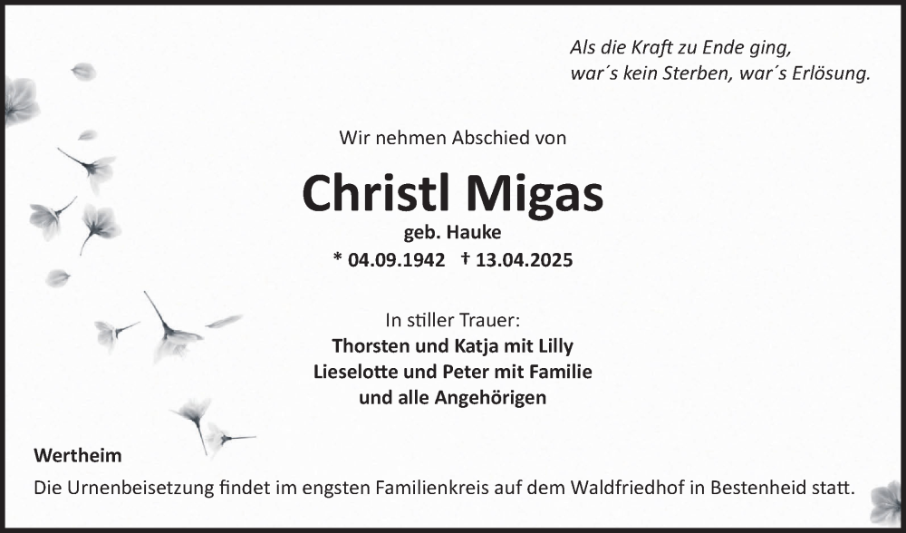  Traueranzeige für Christl Migas vom 19.04.2025 aus Fränkische Nachrichten