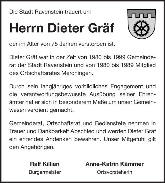 Traueranzeige von Dieter Gräf von Fränkische Nachrichten