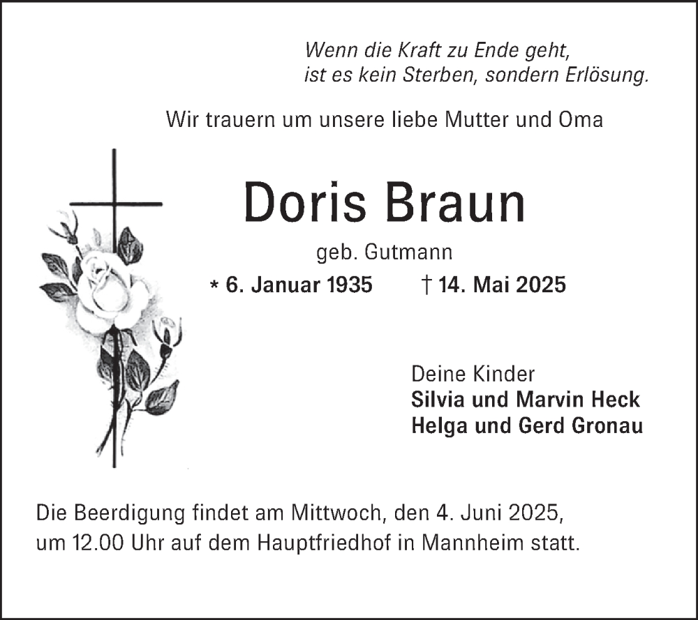  Traueranzeige für Doris Braun vom 31.05.2025 aus Mannheimer Morgen