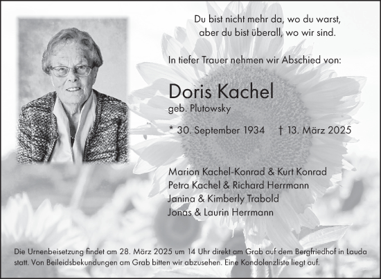 Traueranzeige von Doris Kachel von Fränkische Nachrichten