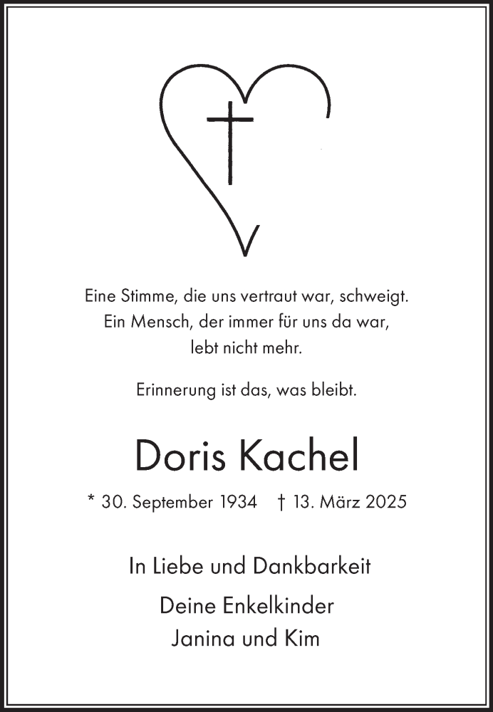  Traueranzeige für Doris Kachel vom 18.03.2025 aus Fränkische Nachrichten