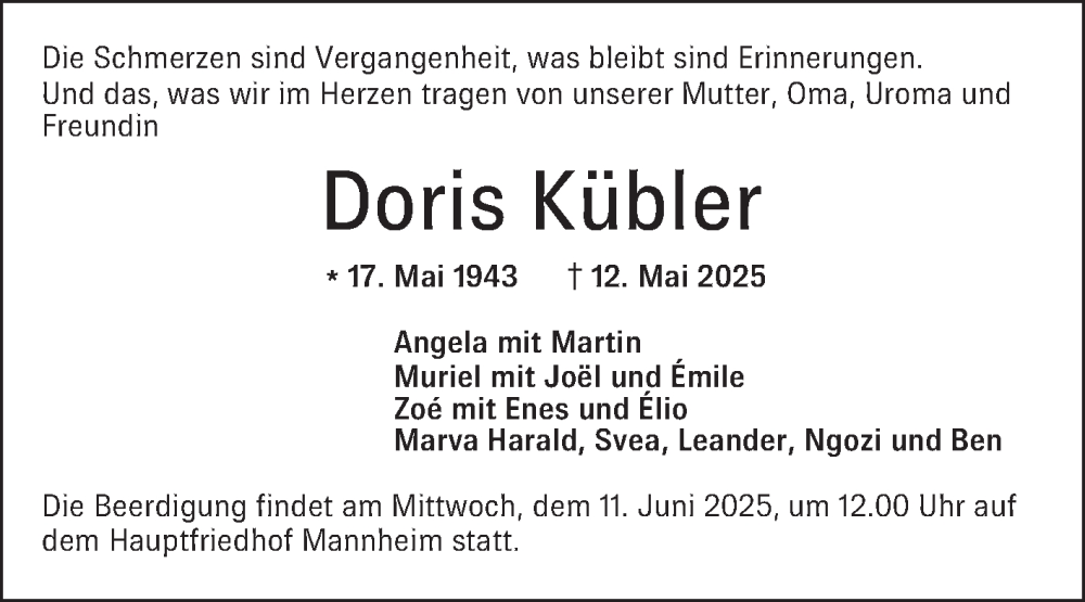  Traueranzeige für Doris Kübler vom 31.05.2025 aus Mannheimer Morgen