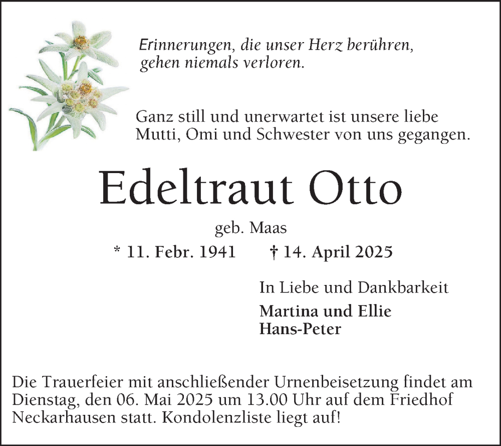  Traueranzeige für Edeltraut Otto vom 03.05.2025 aus Mannheimer Morgen