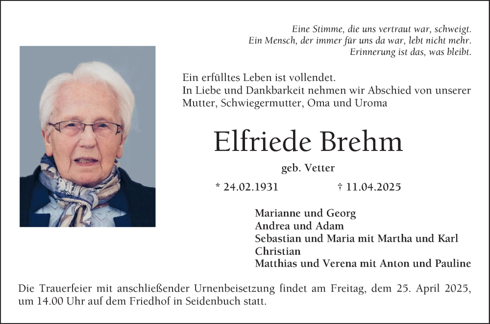  Traueranzeige für Elfriede Brehm vom 19.04.2025 aus Bergsträßer Anzeiger