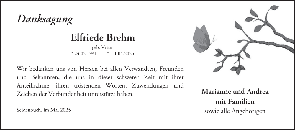  Traueranzeige für Elfriede Brehm vom 10.05.2025 aus Bergsträßer Anzeiger
