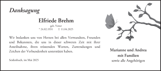 Traueranzeige von Elfriede Brehm von Bergsträßer Anzeiger