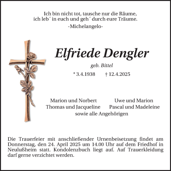 Traueranzeige von Elfriede Dengler von Schwetzinger Zeitung