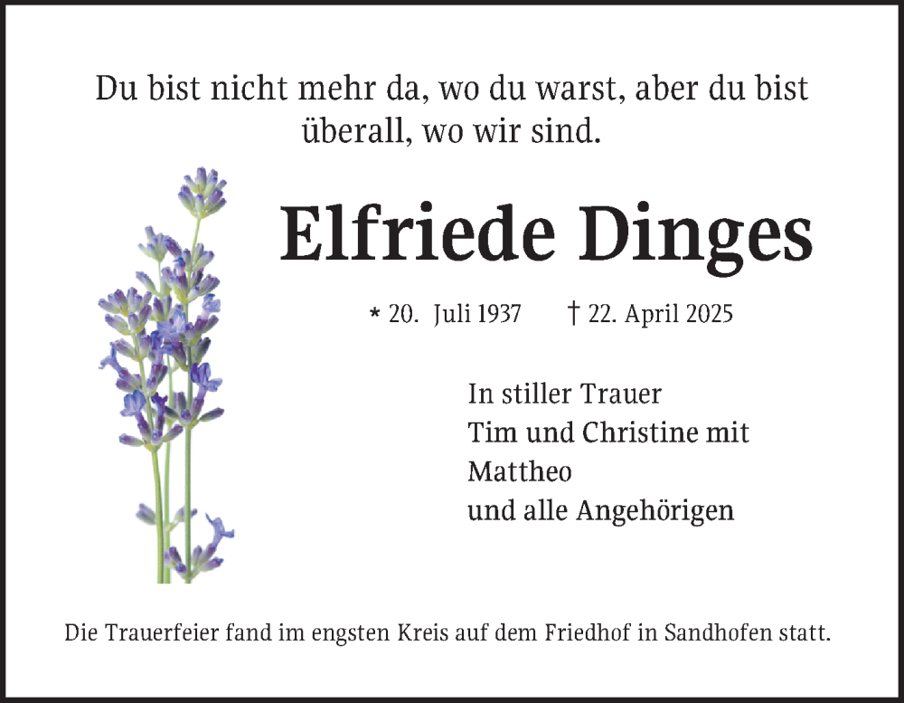  Traueranzeige für Elfriede Dinges vom 17.05.2025 aus Mannheimer Morgen