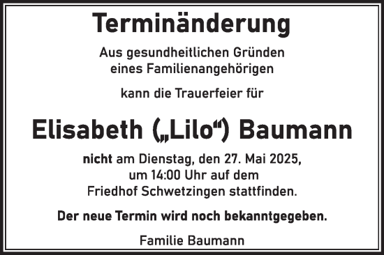 Traueranzeige von Elisabeth Baumann von Schwetzinger Zeitung