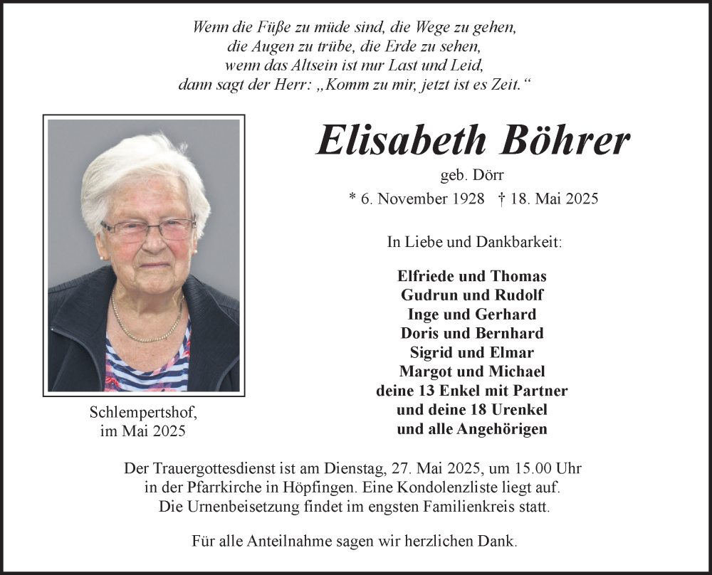  Traueranzeige für Elisabeth Böhrer vom 23.05.2025 aus Fränkische Nachrichten