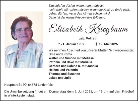 Traueranzeige von Elisabeth Kriegbaum von Bergsträßer Anzeiger